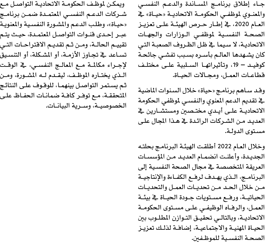 جاء إطلاق برنامج المساندة والدعم النفسي والمعنوي لموظفي الحكومة الاتحادية «حياة» في العام 2020، في إطار حرص الهيئة عل...