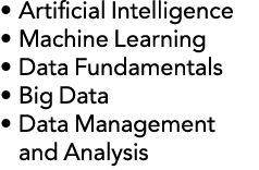 • Artificial Intelligence • Machine Learning • Data Fundamentals • Big Data • Data Management and Analysis 