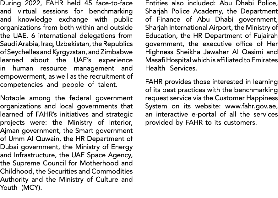 During 2022, FAHR held 45 face to face and virtual sessions for benchmarking and knowledge exchange with public organ...