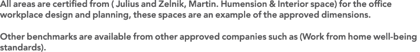 All areas are certified from ( Julius and Zelnik, Martin  Humension & Interior space) for the office workplace design   
