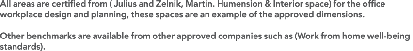 All areas are certified from ( Julius and Zelnik, Martin  Humension & Interior space) for the office workplace design   