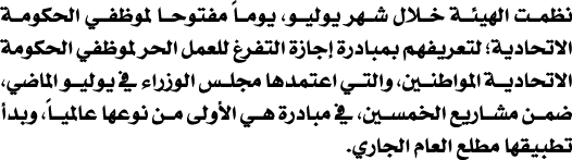 نظمت الهيئة خلال شهر يوليو، يوماً مفتوحا لموظفي الحكومة الاتحادية؛ لتعريفهم بمبادرة إجازة التفرغ للعمل الحر لموظفي ال...