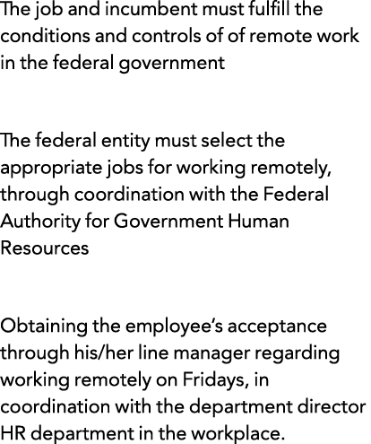 The job and incumbent must fulfill the conditions and controls of of remote work in the federal government The federa   