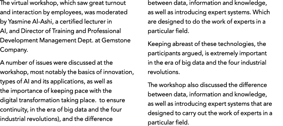The virtual workshop, which saw great turnout and interaction by employees, was moderated by Yasmine Al-Ashi, a certi   